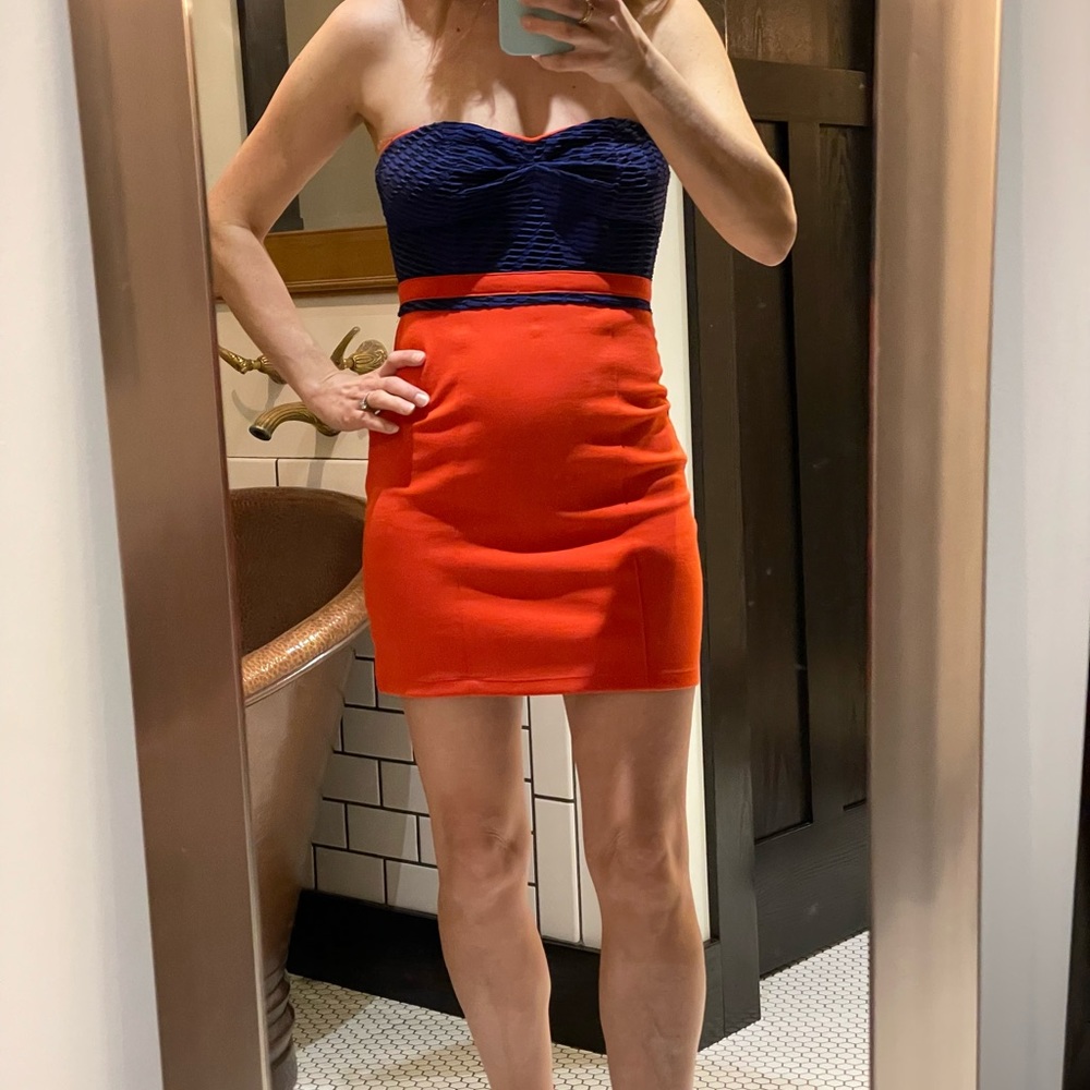 Silence + Noise mini bodycon dress. Size S. Orange and blue